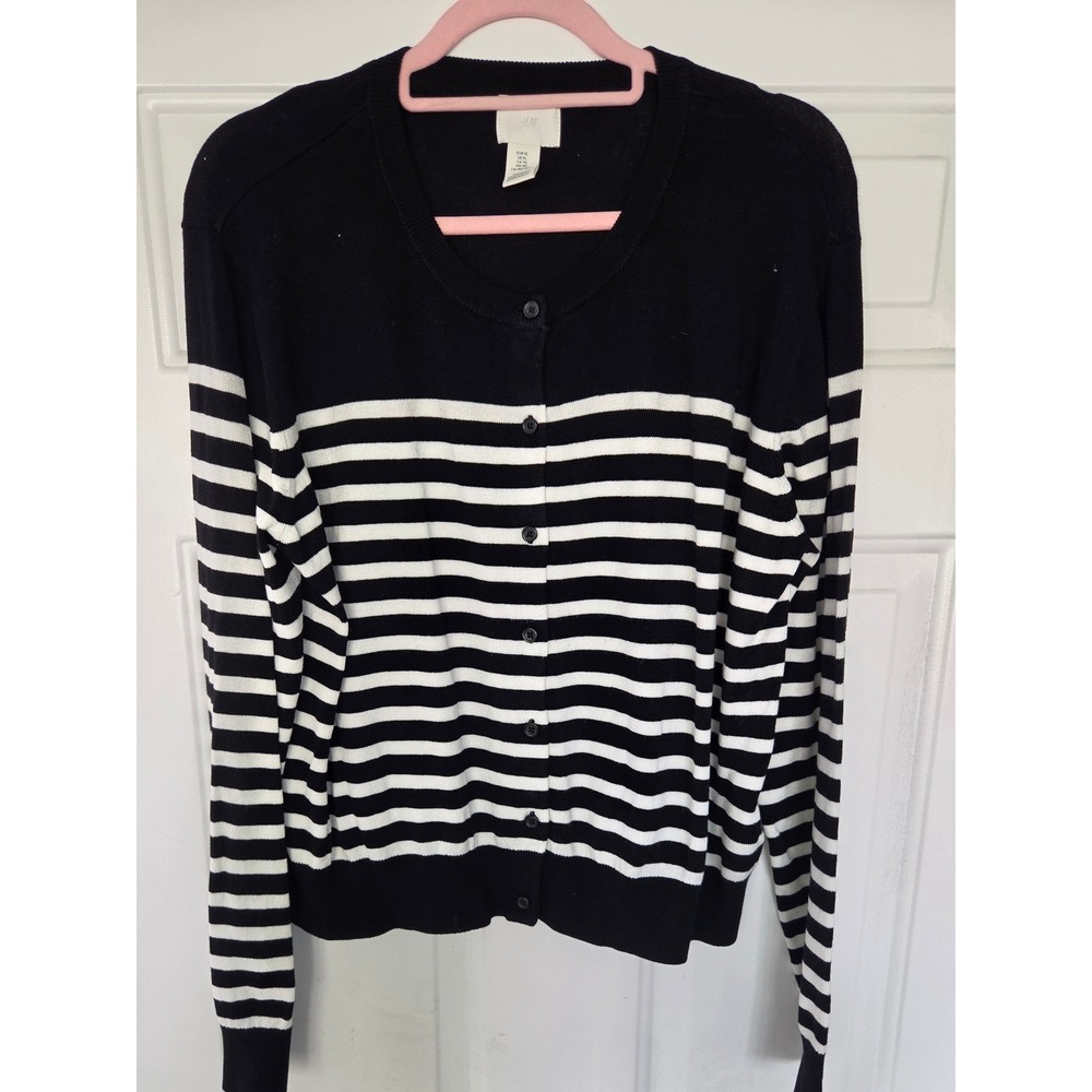 HM Black White Striped Button Front Cardigan Sweater XL Nautical Crew Neck